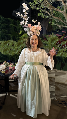 Reproduction 1780s Chemise Gown at Costume College 2025.