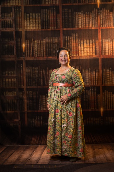 Reproduction 1790s Green Print Round Gown at Pelican Inn January 2023. Photo by Mark Edwards Photography.