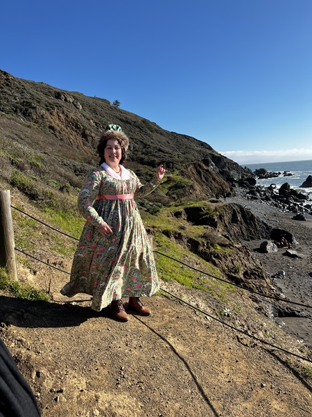 Reproduction 1790s Green Print Round Gown at Pelican Inn January 2023.  