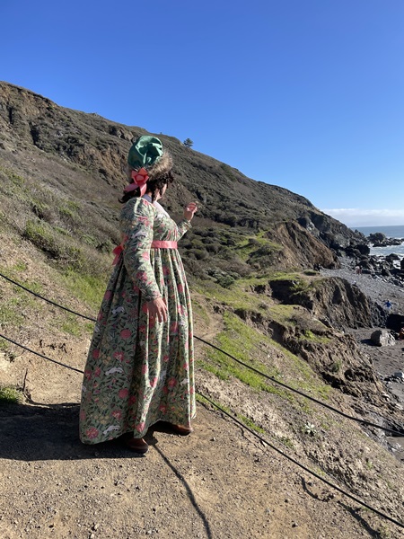 Reproduction 1790s Green Print Round Gown at Pelican Inn January 2023.  