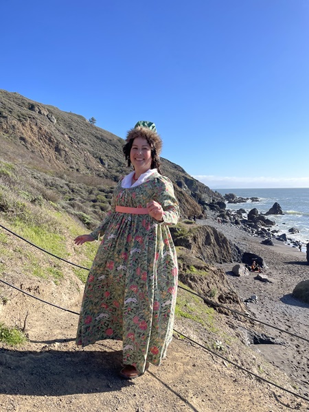 Reproduction 1790s Green Print Round Gown at Pelican Inn January 2023.   