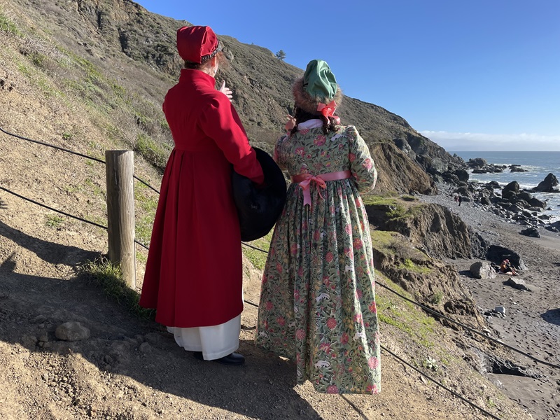 Reproduction 1790s Green Print Round Gown at Pelican Inn January 2023.   