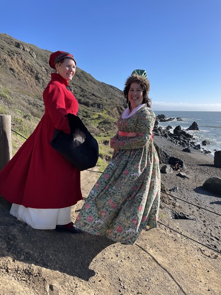 Reproduction 1790s Green Print Round Gown at Pelican Inn January 2023.   