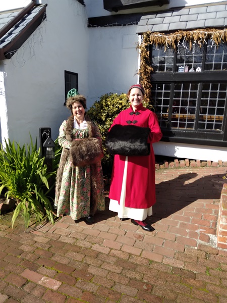 Reproduction 1790s Green Print Round Gown at Pelican Inn January 2023. 