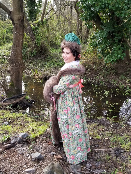 Reproduction 1790s Green Print Round Gown at Pelican Inn January 2023.   