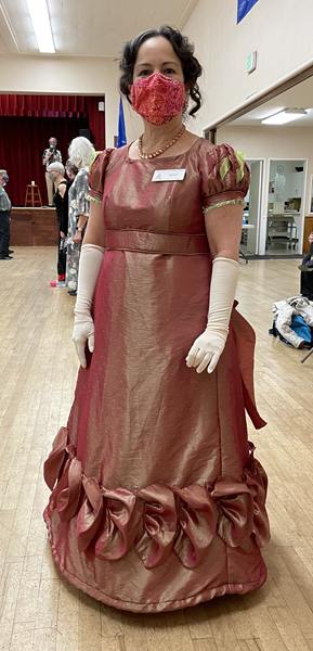 Reproduction 1820s Orange Figured Ballgown at Not Playford Ball 2021. Laughing Moon 138. 