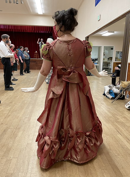 Reproduction 1820s Orange Figured Ballgown at Not Playford Ball 2021. Laughing Moon 138. 