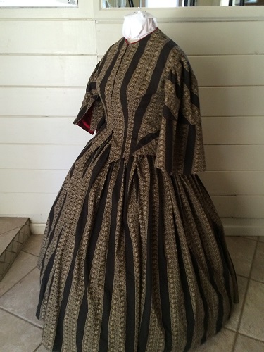 Mid Victorian Reproduction Beige and Black Day Dress Left 3/4 View