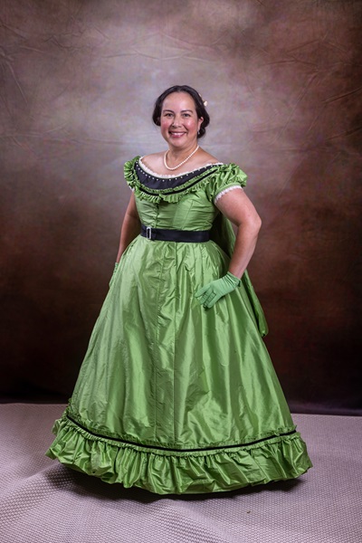 Reproduction 1860s Apple Green Ballgown at Costume College July 2022. Truly Victorian TV416. Photo by Mark Edwards Photography. 