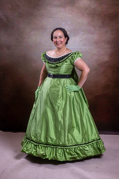 Reproduction 1860s Apple Green Ballgown at Costume College July 2022. Truly Victorian TV416. Photo by Mark Edwards Photography. 