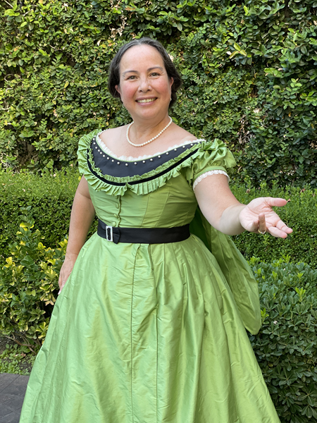 Reproduction 1860s Apple Green Ballgown at Costume College July 2022.  Truly Victorian TV416. 