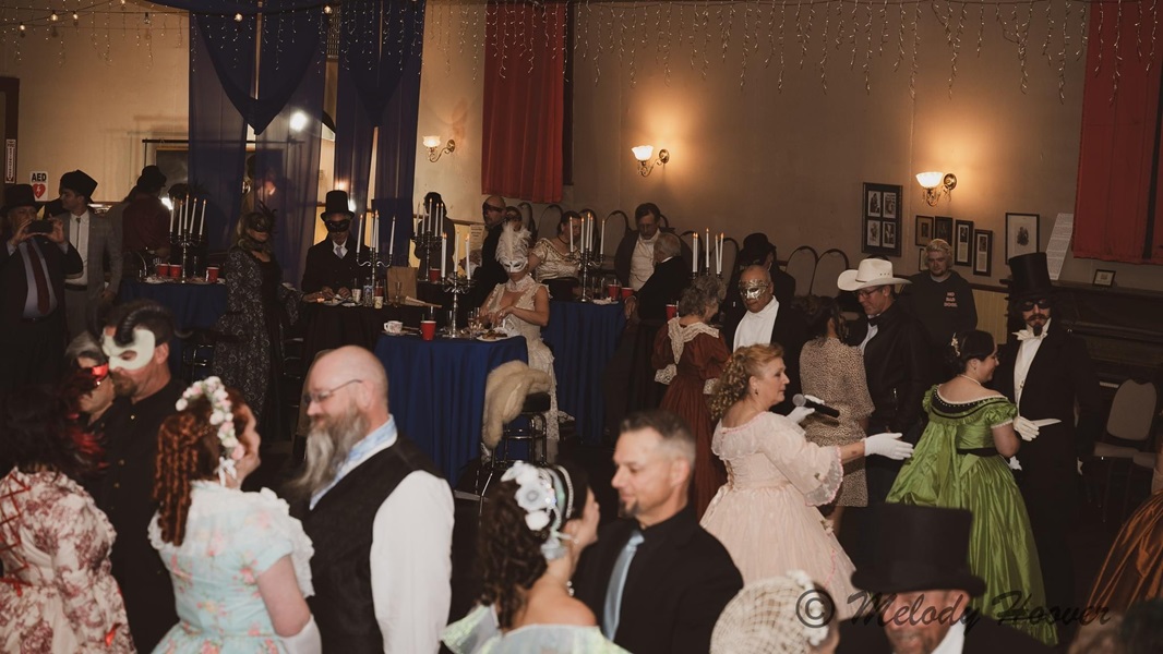 Reproduction 1860s Apple Green Ballgown at Nevada Statehood Ball October 2023. Truly Victorian TV416. Photo by Melody Hoover. 