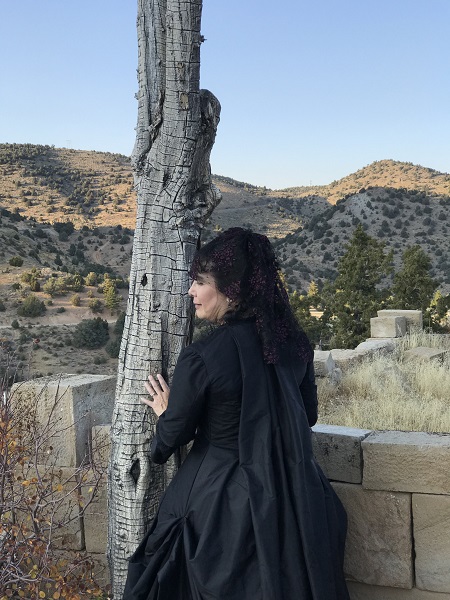 1870s Reproduction Black Watteau Bustle Dress in Virginia City October 2019