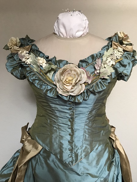 1870s Reproduction Blue Aqua Silk Bodice Front. 