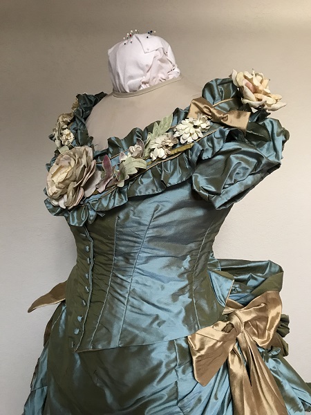 1870s Reproduction Blue Aqua Silk Bodice Left Quarter View.