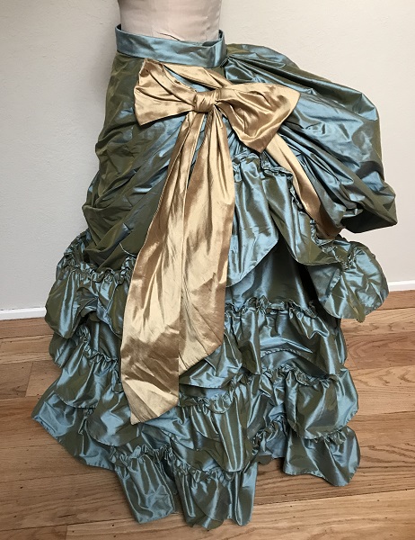 1870s Reproduction Blue Aqua Silk Overskirt Left. 