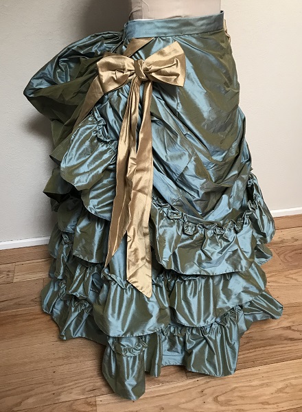 1870s Reproduction Blue Aqua Silk Overskirt Right Quarter View. 