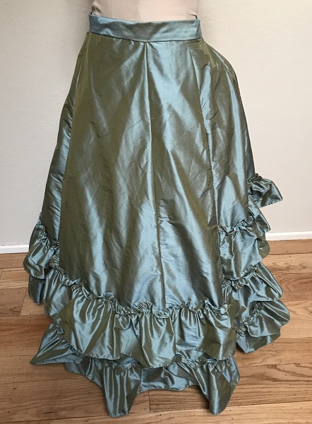 1870s Reproduction Blue Aqua Silk Underskirt Left Quarter View.