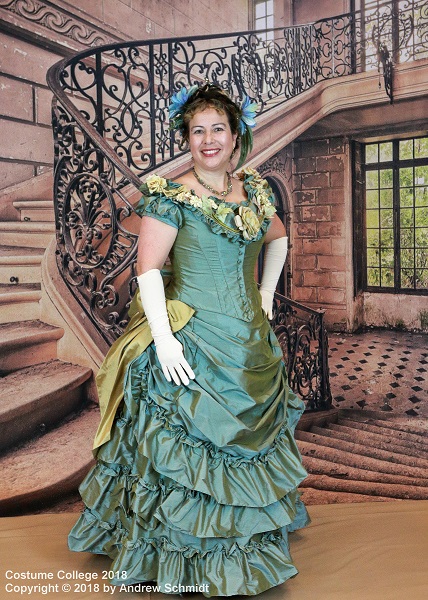 1870s Reproduction Blue Aqua Bustle Dress at Costume College 2018. Photo by Andrew Schmidt.