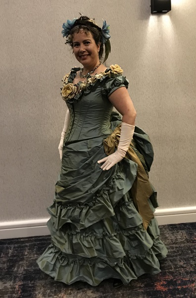 1870s Reproduction Blue Aqua Bustle Dresses at Costume College 2018 Gala.