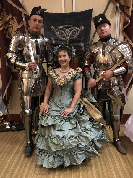 1870s Reproduction Blue Aqua Bustle Dresses at Costume College 2018 Gala.