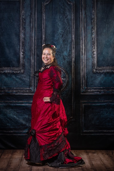 Reproduction 1878 Polonaise Natural Form Bustle - Black and Berry Silk Evening Dress. Truly Victorian TV430 and TV221. Photo by Mark Edwards.