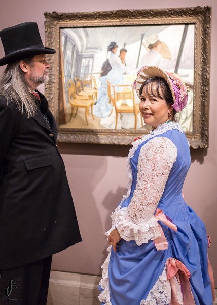 1880s Reproduction Blue Tissot Quiet Bustle Dress at the Legion of Honor February 2020. Photo by John Carey