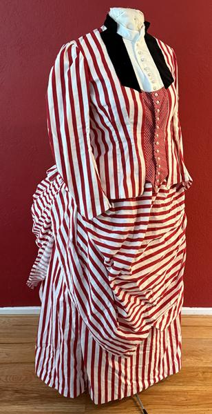 Reproduction 1885 Red Striped Seaside Dress with Plastron Right Quarter View.Truly Victorian TV 
