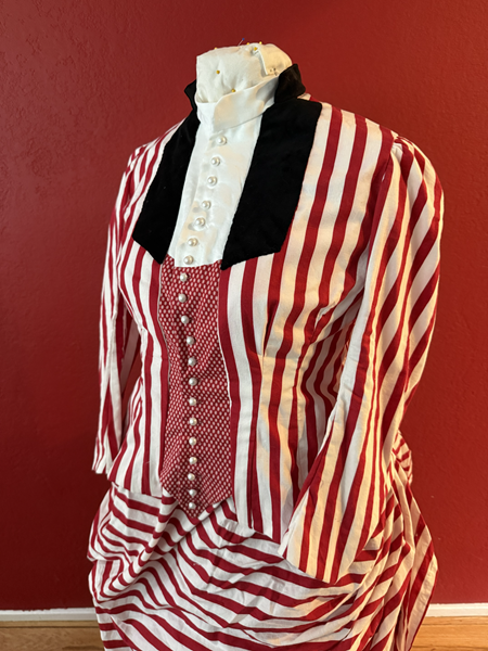 Reproduction 1885 Red Striped Bodice with Plastron Left Quarter View. Truly Victorian TV460
