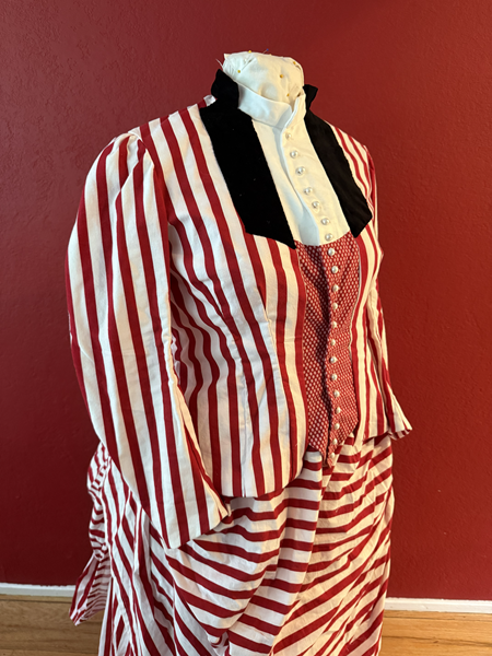 Reproduction 1885 Red Striped Bodice with Plastron Right Quarter View. Truly Victorian TV460 