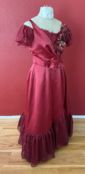 Reproduction 1890s Burgundy Ballgown Right Quarter View. Truly Victorian TV490 and McCall's M8231