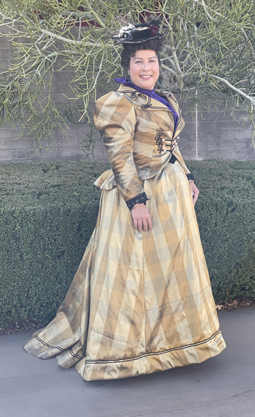 Reproduction 1890s Goldiplaid Dress at Rossum House in Phoenix March 2022. McCall's M7732 and M8231. 