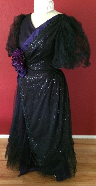 1890s Reproduction Black Tulle Ball Gown Dress trimmed with purple Left Quarter View.