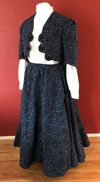 Reproduction Edwardian Navy Batik Walking Outfit Left Quarter View.