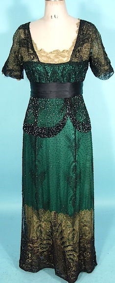 Extant 1910s Evening Dress - Green with ivory lace and black beaded overlay. Inspiration. 