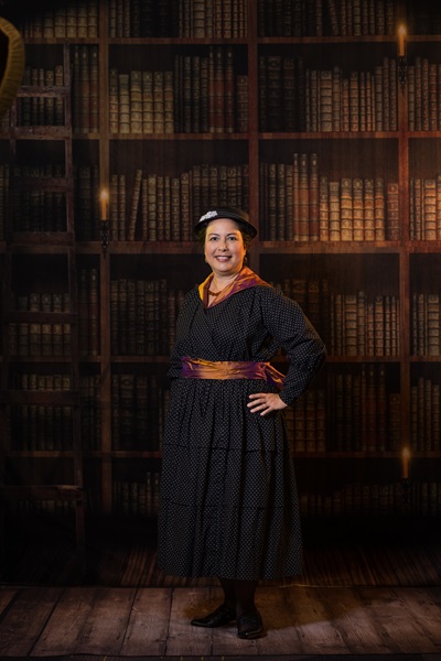 Reproduction 1916 Dress - Black Polka Dot. Wearing History #R124 Eloise. Costume College 2023. Photo by Mark Edwards Photography.