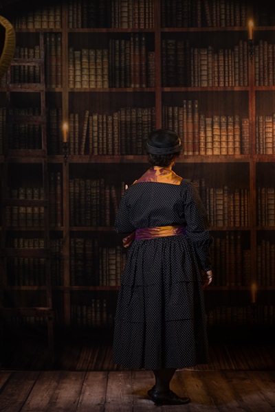 Reproduction 1916 Dress - Black Polka Dot. Wearing History #R124 Eloise. Costume College 2023. Photo by Mark Edwards Photography.