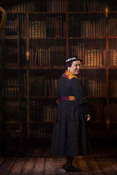 Reproduction 1916 Dress - Black Polka Dot. Wearing History #R124 Eloise. Costume College 2023. Photo by Mark Edwards Photography.