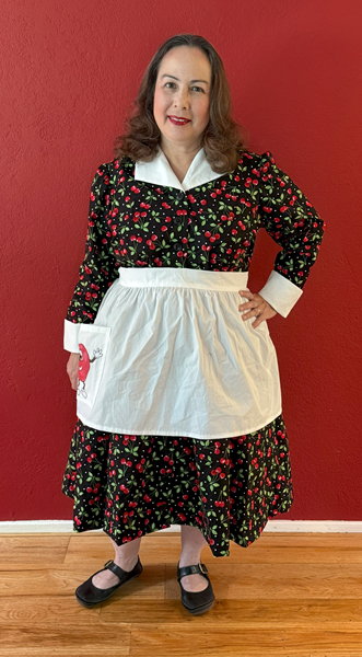 Reproduction 1950s Cherry Dress with Apron Front. Laughing Moon #134 Shirtwaist Dress