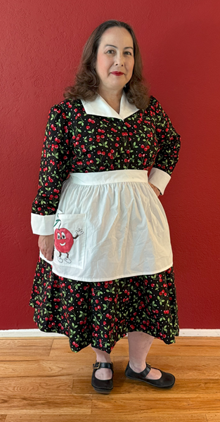 Reproduction 1950s Cherry Dress with Apron Right Quarter View. Laughing Moon #134 Shirtwaist Dress