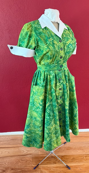 Reproduction 1950s Green Batik Dress Right Quarter View. Laughing Moon #134 Shirtwaist Dress