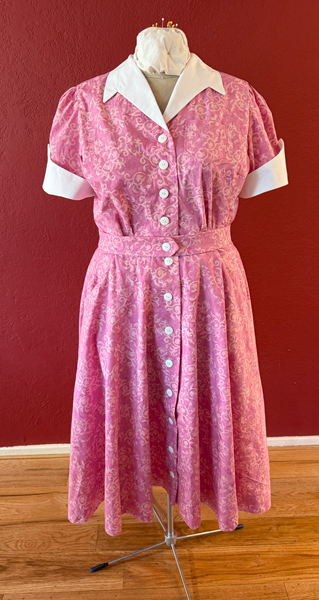Reproduction 1950s Pink Batik Dress Front. Laughing Moon #134 Shirtwaist Dress