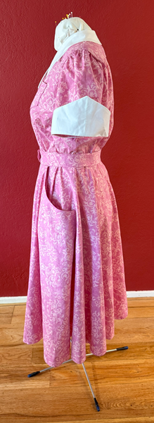 Reproduction 1950s Pink Batik Dress Left. Laughing Moon #134 Shirtwaist Dress