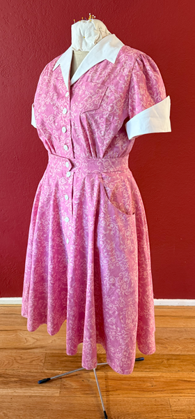 Reproduction 1950s Pink Batik Dress Quarter View. Laughing Moon #134 Shirtwaist Dress