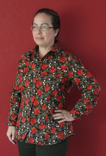 Butterick B5526 View D Poinsetta Button Down Shirt Left 3/4 View