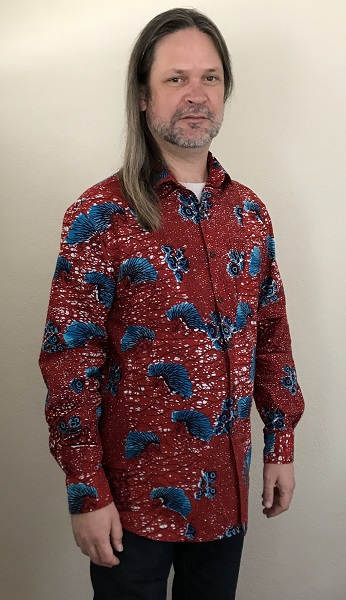 2010s Men's Red with Blue Porcupine Patterned Shirt Vogue V9220 Right 3/4 View