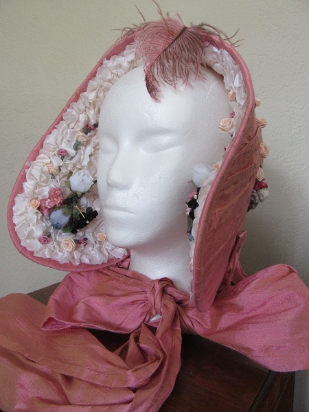 Reproduction Coal Shuttle Bonnet - Pink Silk Faux Drawn - Left Quarter. 